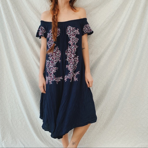 Free People Pants - Free people navy blue romper embroidered pockets